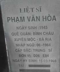 Tìm thân nhân liệt sĩ Phạm Văn Hòa