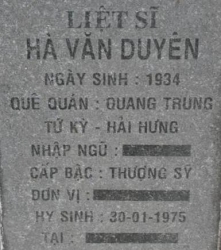 Tìm thân nhân liệt sĩ Hà Văn Duyên