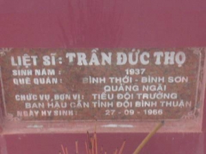 Nhắn tìm thân nhân liệt sỹ Trần Đức Thọ