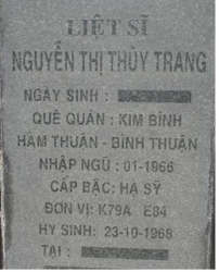 Tìm thân nhân liệt sĩ Nguyễn Thị Thùy Trang