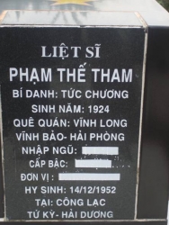 Tìm thân nhân liệt sĩ  Phạm Thế Tham ( tức Chương)
