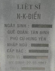 Tìm thân nhân liệt sĩ N-K- Điền