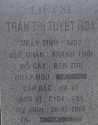 Tìm thân nhân liệt sĩ Trần Thị Tuyết Hoa