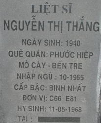 Tìm thân nhân liệt sĩ Nguyễn Thị Thắng