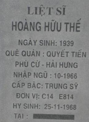 Tìm thân nhân liệt sĩ Hoàng Hữu Thế